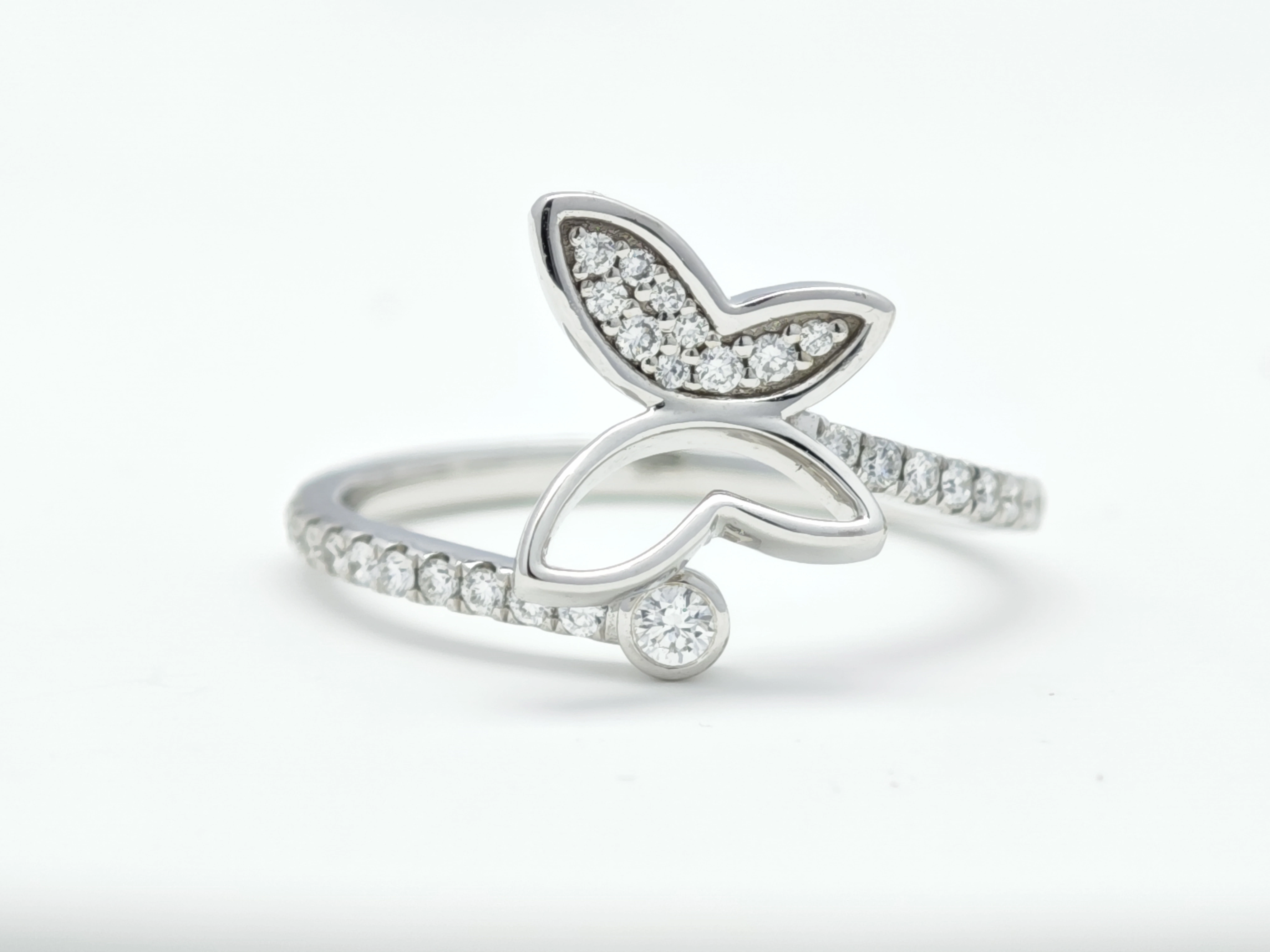 Butterfly Motif Pave White Gold Cultured Diamond Unique Bypass Fashion Ring