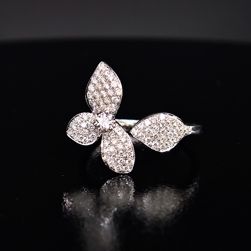 Floral Asymmetrical Four-petal Full Pave Lab Diamond Open Cuff Ring