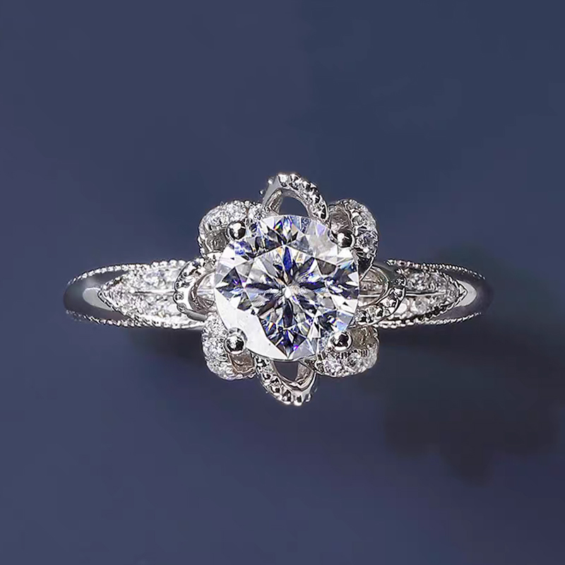 Hollow Floral Motif Head 4 Prong Solitaire Lab Diamond Ring With Leaf Shape Pave Shoulder