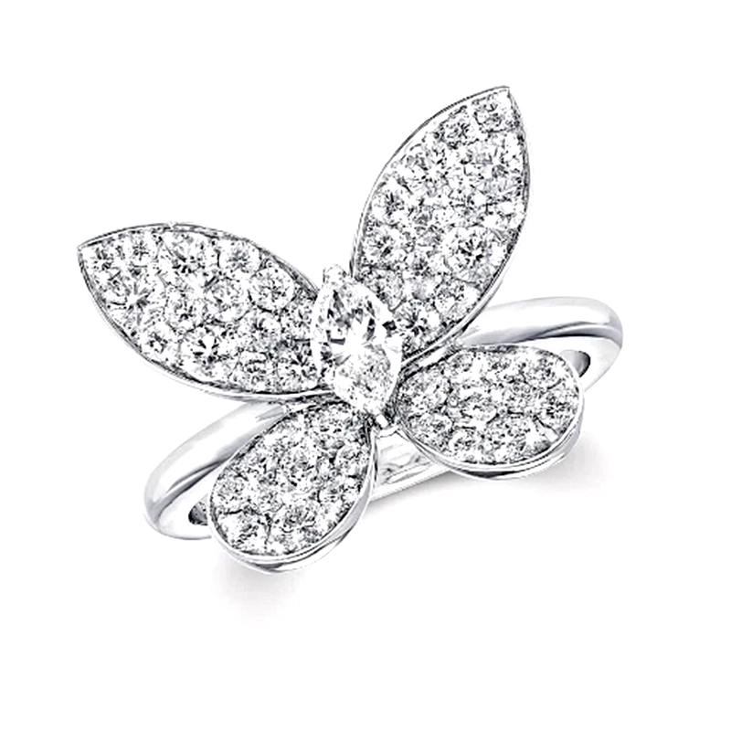 Pear Center Stone Pave Butterfly White Gold Lab Created Diamond Statement Ring