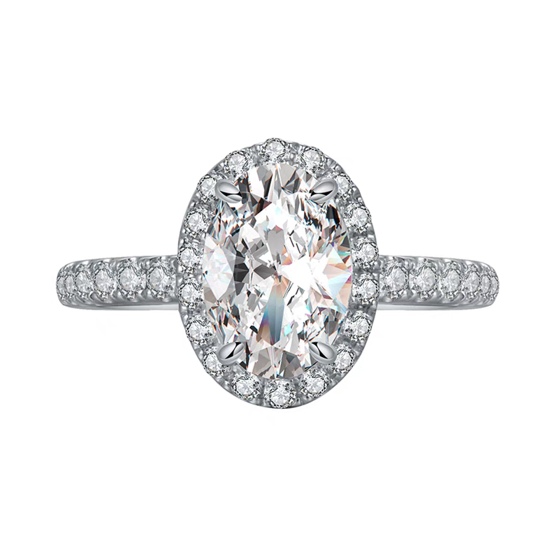 4-Prong Oval Cut Halo Cultivated Diamond Pave Full Shank Engagement Ring