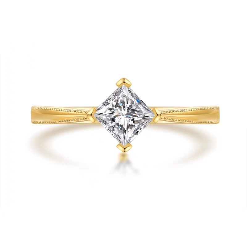 4-Prong Princess Cut Milgrain Detail Man Made Diamond Solitaire Ring in Yellow Gold