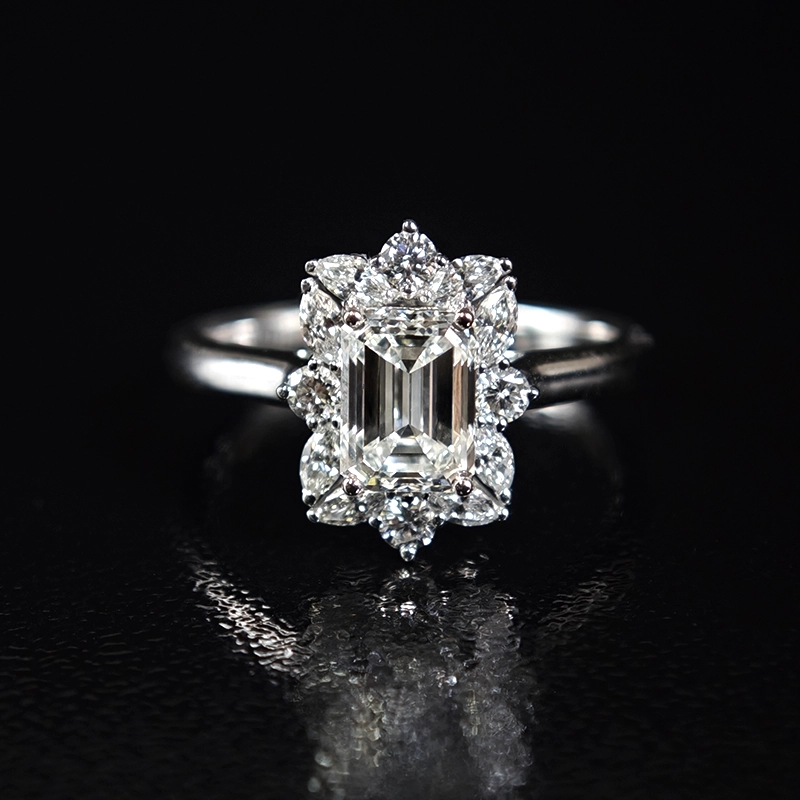 Emerald Cut Floral Halo White Gold Lab Grown Diamond Vintage Inspired Ring