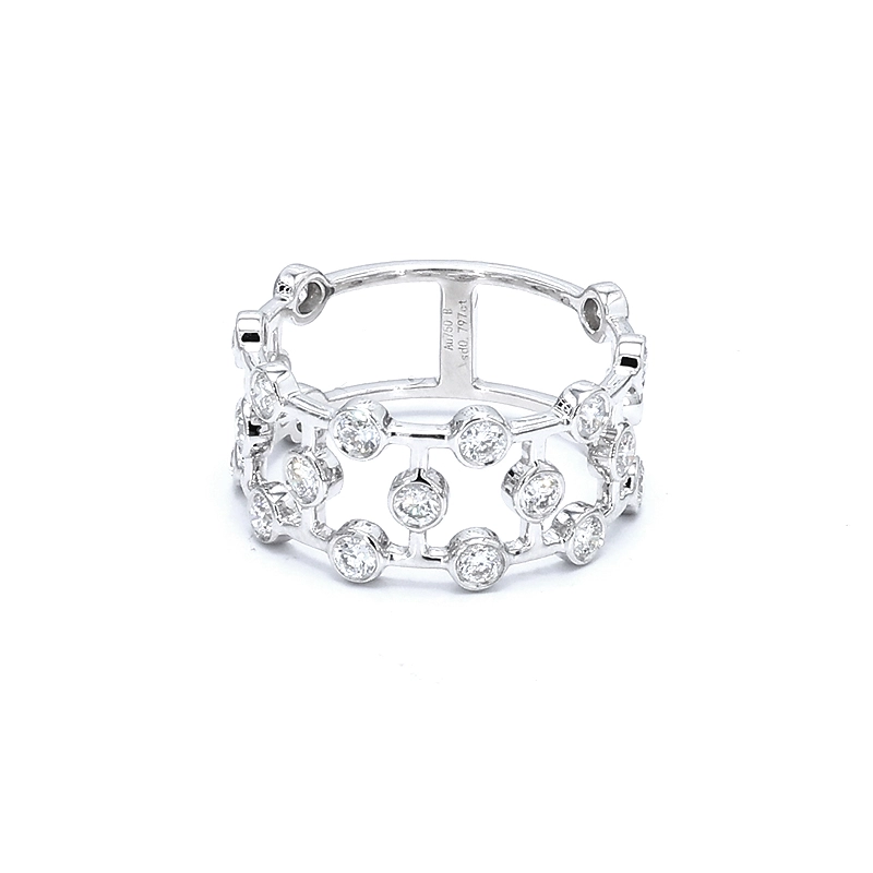 Double Row Open Lattice Bezel White Gold Lab Cultured Diamond Wide Stackable Band