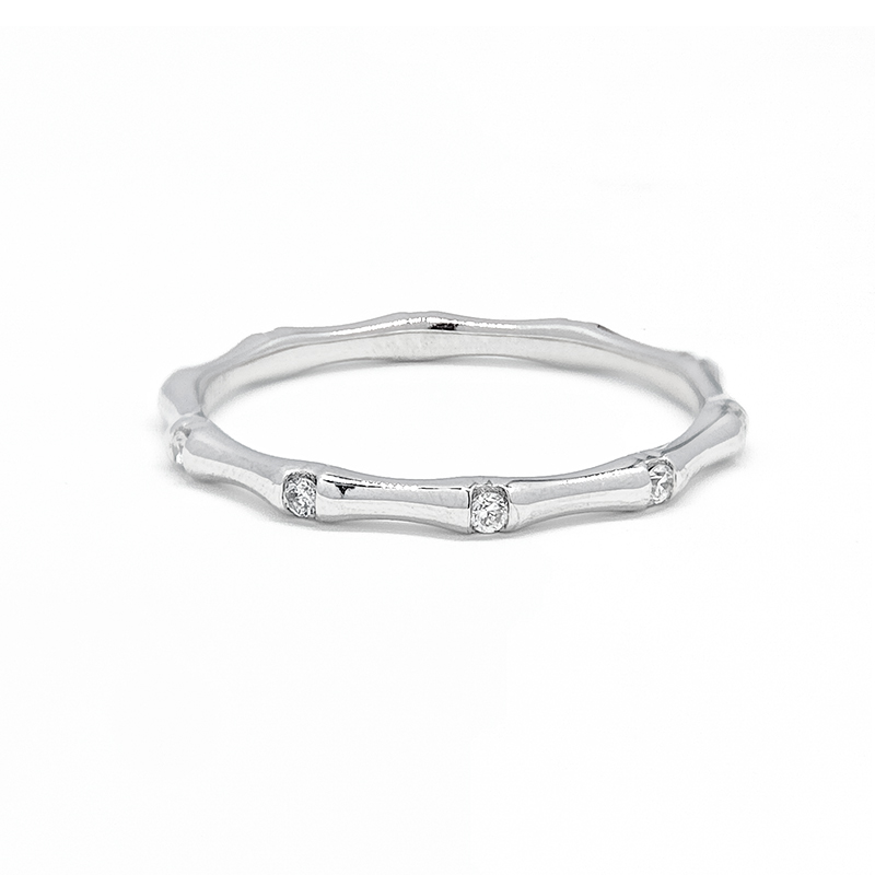 Bamboo Motif Bezel White Gold Synthetic Diamond Slim Stackable Fashion Band