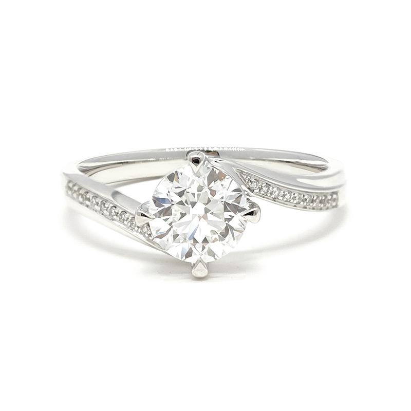 Round Solitaire Pave Bypass Shank White Gold Artificial Diamond Engagement Ring