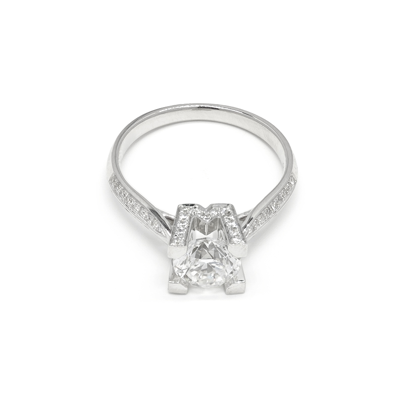 Custom W-Shaped Block Prong Pave Diamond Modern Solitaire Engagement Ring