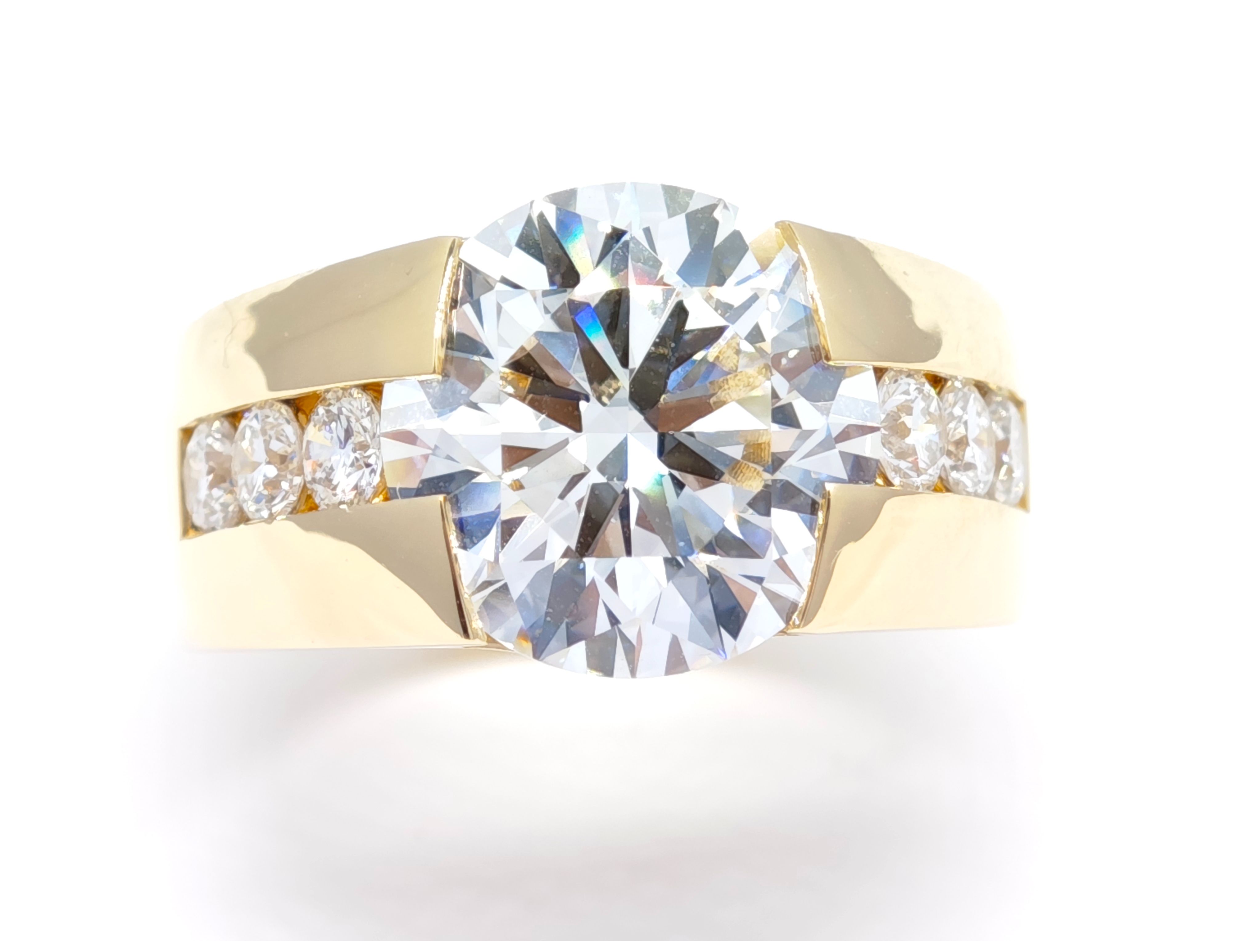Oval Cut Wide Bezel Synthetic Diamond Bold Channel Side Stone Solitaire Ring